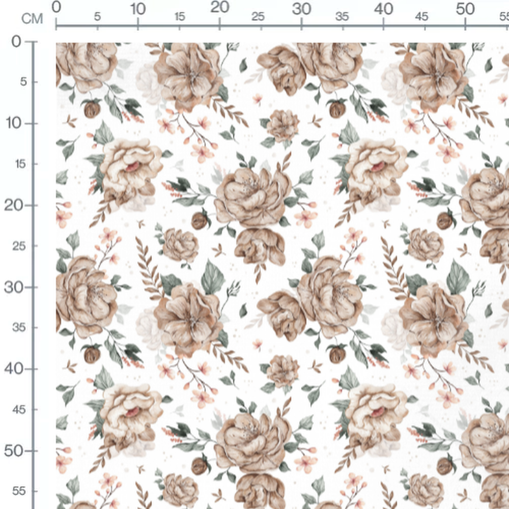 Tissu - Fleurs beige et feuillage vert