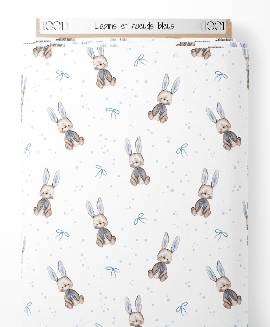 Tissu - Lapins et nœuds bleus