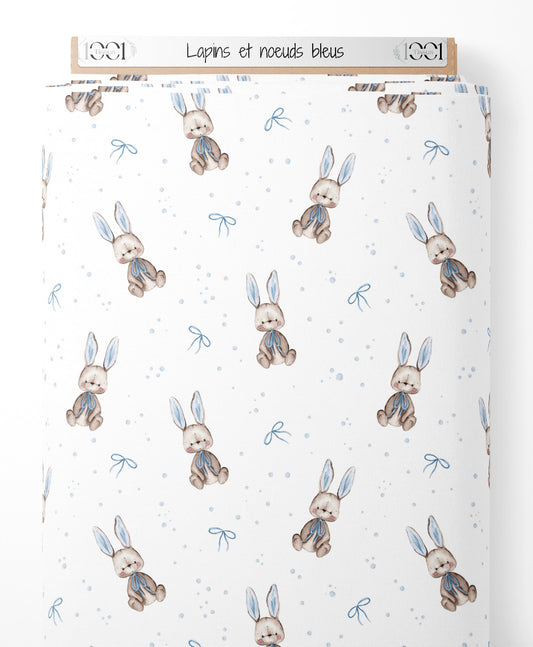 Tissu - Lapins et nœuds bleus