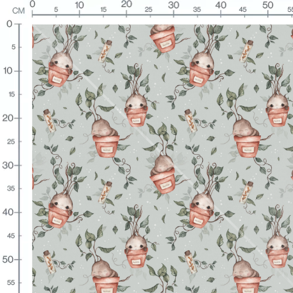 Tissu - Plantes souriantes sur bleu clair