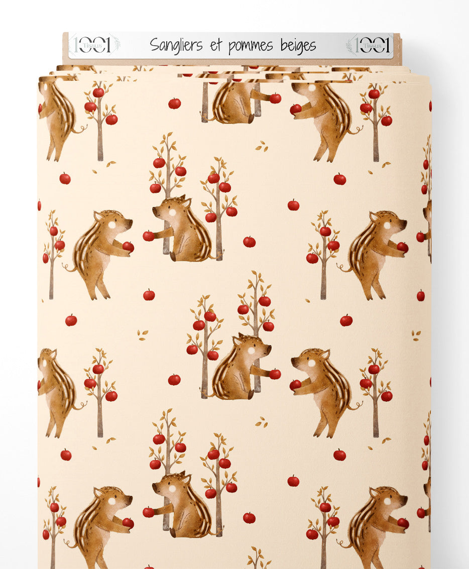 Tissu - Sangliers et pommes beiges