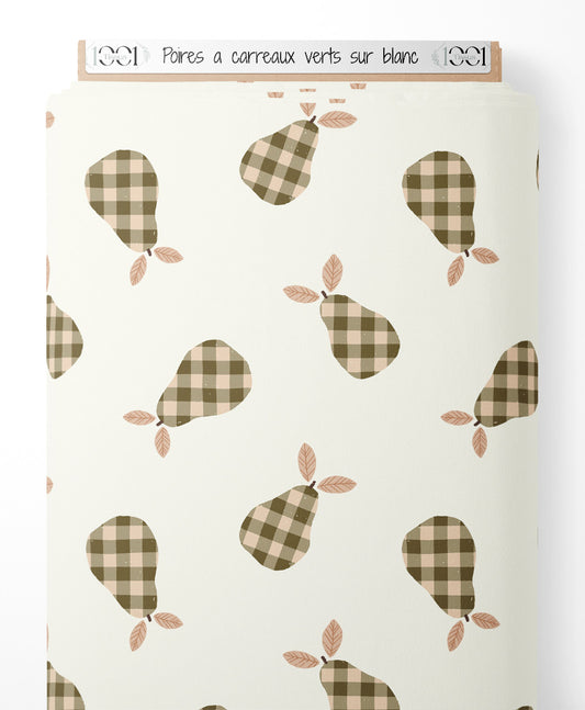 Tissu - Poires à carreaux verts sur blanc