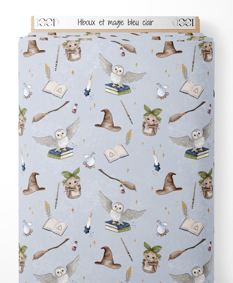 Tissu - Hiboux et magie bleu clair