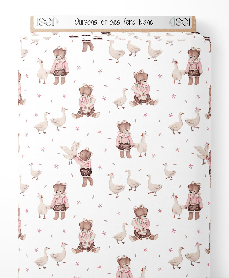 Tissu - Oursons et oies sur fond blanc