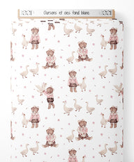 Tissu - Oursons et oies sur fond blanc
