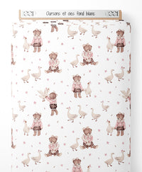 Tissu - Oursons et oies sur fond blanc