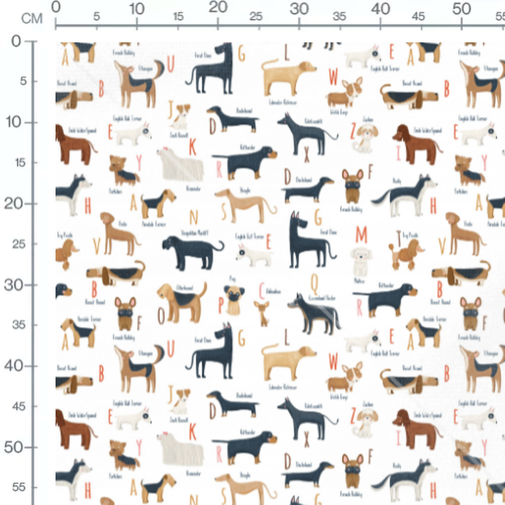 Tissu - Chiens et lettres colorées