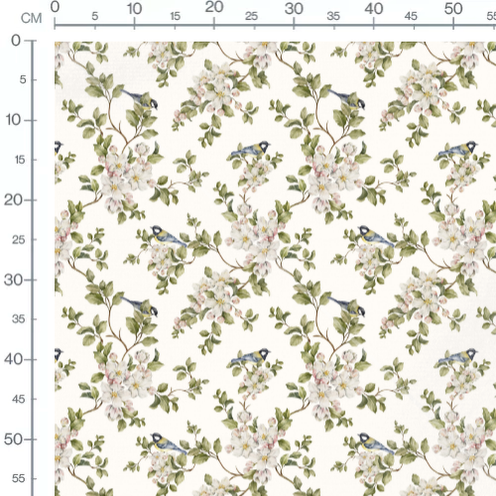 Tissu - Oiseaux et fleurs délicates