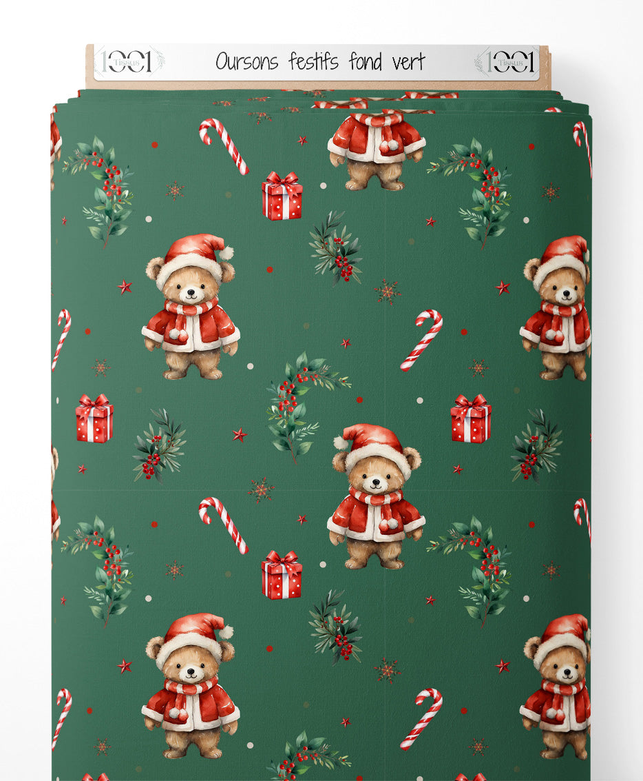 Tissu - Oursons festifs sur fond vert