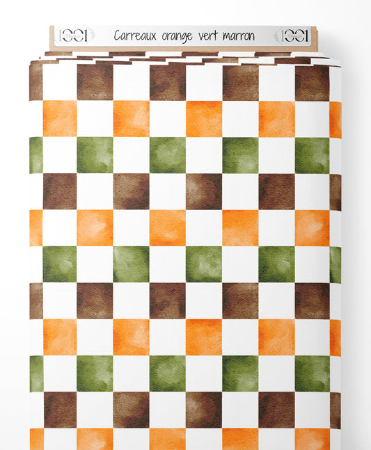 Tissu - Carreaux orange vert marron