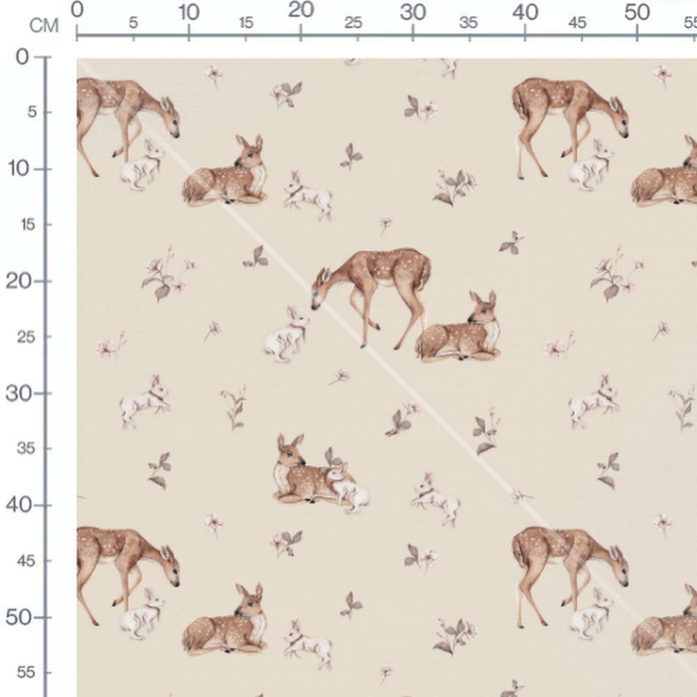 Tissu - Faons et lapins fleuris beige