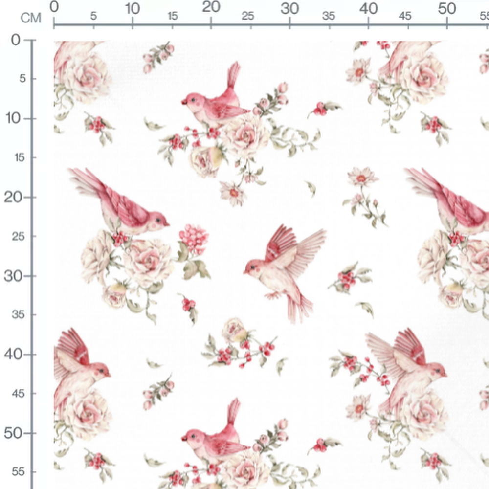 Tissu - Oiseaux roses et fleurs délicates