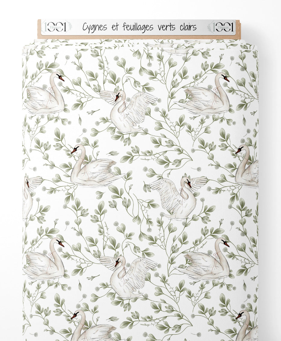 Tissu - Cygnes et feuillages verts clairs