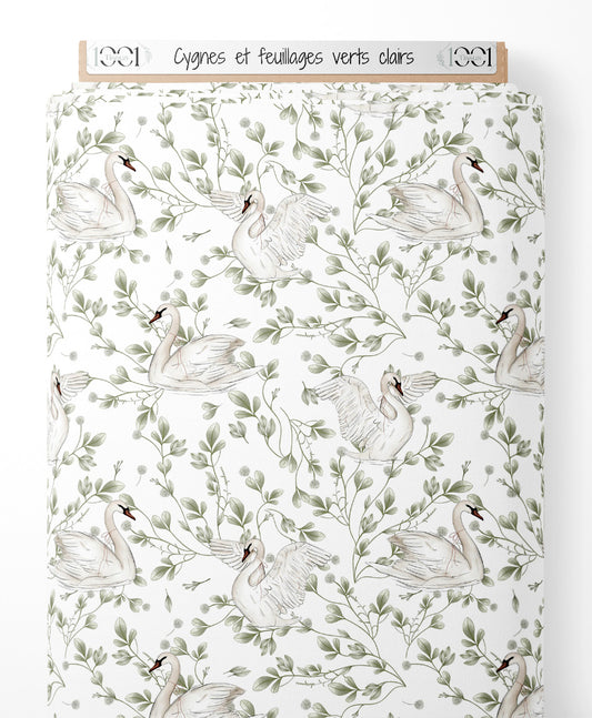 Tissu - Cygnes et feuillages verts clairs