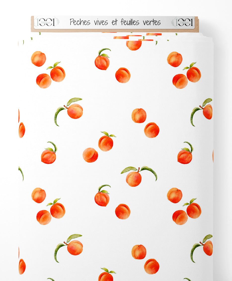 Tissu - Pêches vives et feuilles vertes