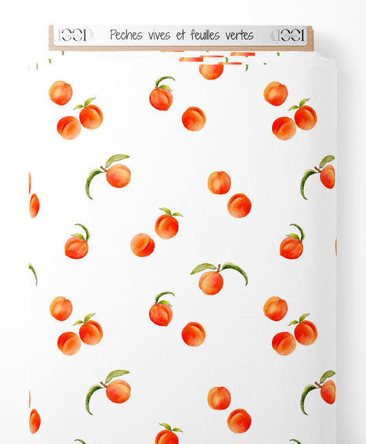 Tissu - Pêches vives et feuilles vertes