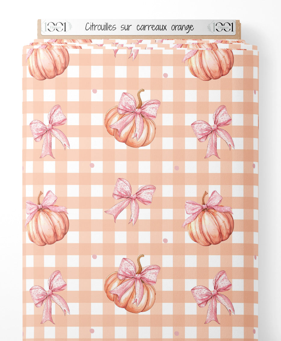 Tissu - Citrouilles sur carreaux orange