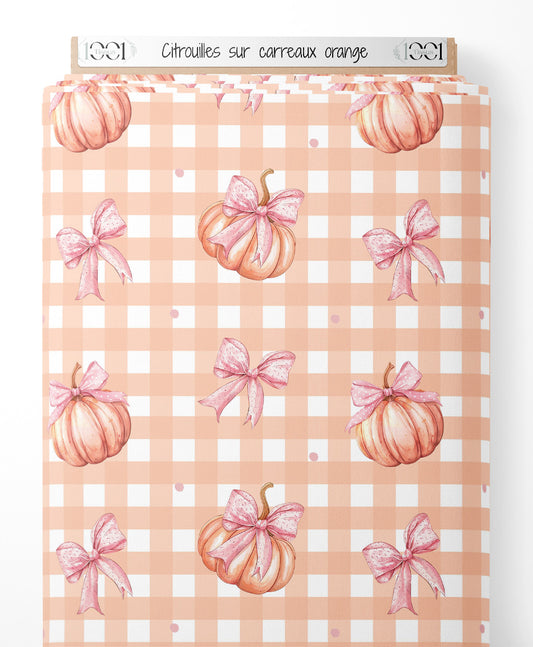 Tissu - Citrouilles sur carreaux orange