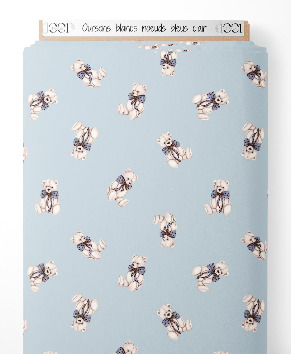 Tissu - Oursons blancs nœuds bleus clair