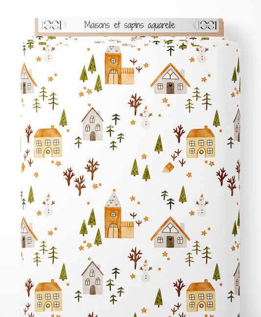 Tissu - Maisons et sapins aquarelle