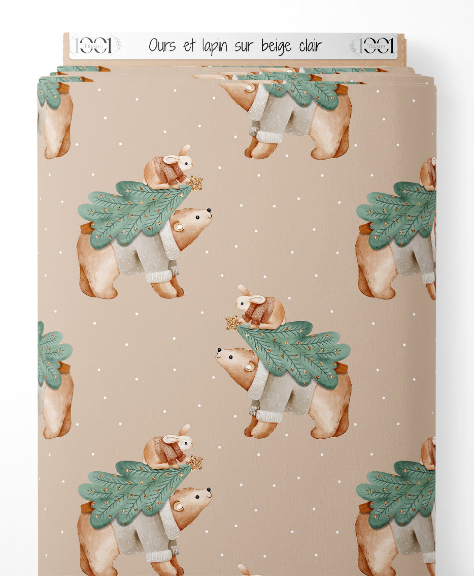Tissu - Ours et lapin sur beige clair