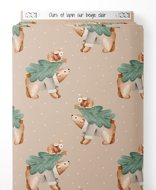 Tissu - Ours et lapin sur beige clair