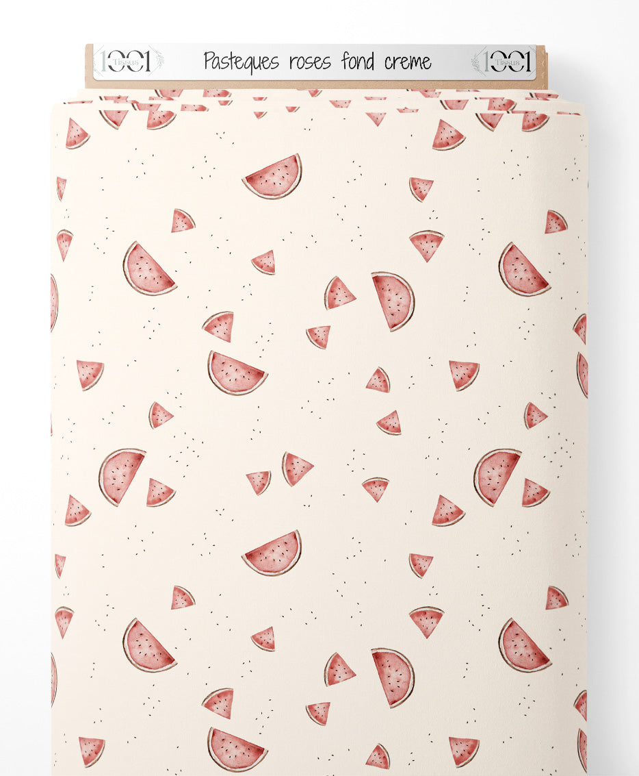 Tissu - Pastèques roses sur fond crème