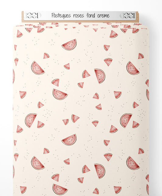 Tissu - Pastèques roses sur fond crème