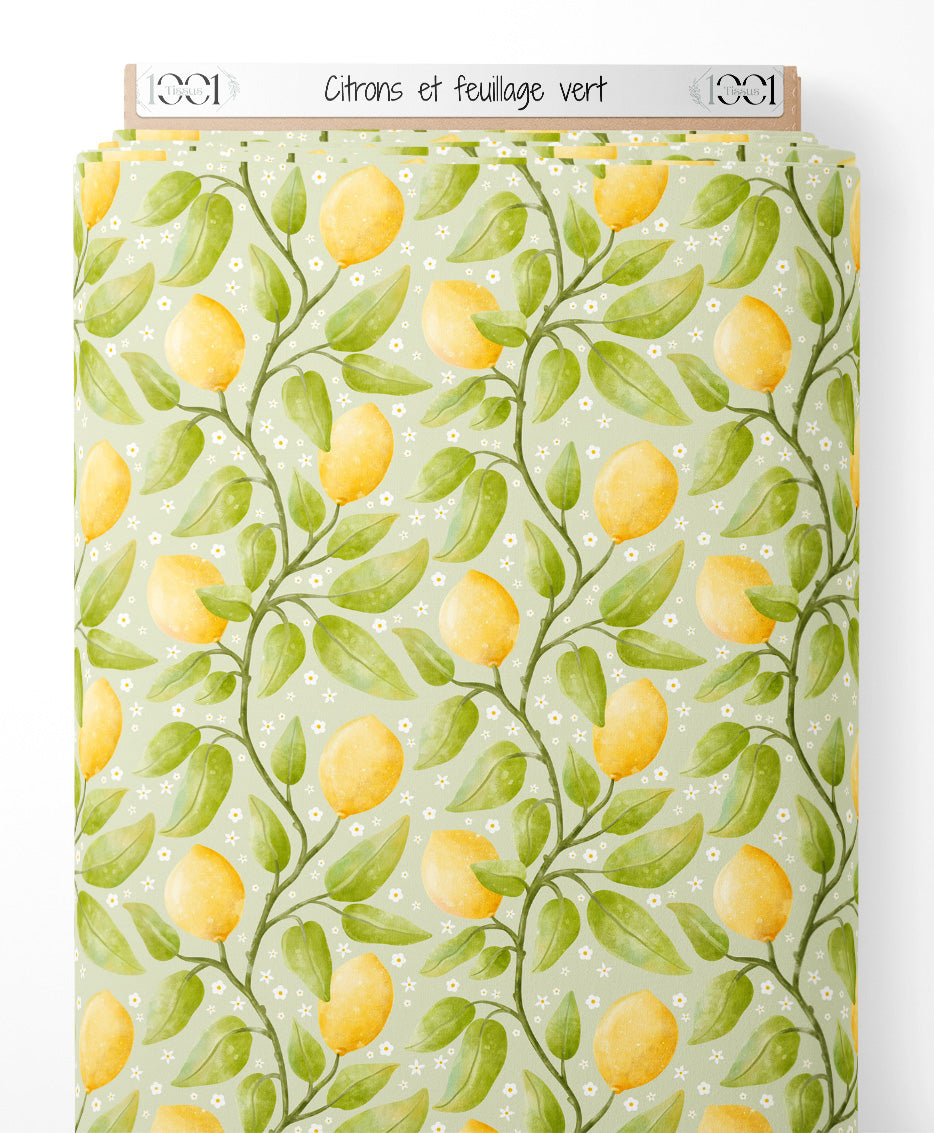 Tissu - Citrons et feuillage vert