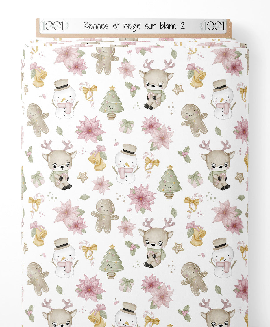 Tissu - Rennes et neige sur blanc 2