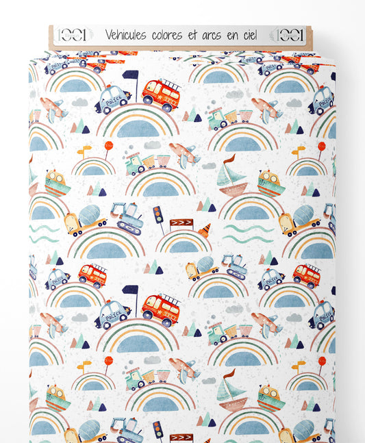 Tissu - Véhicules colorés et arcs-en-ciel