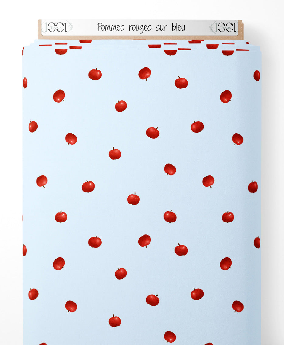 Tissu - Pommes rouges sur bleu
