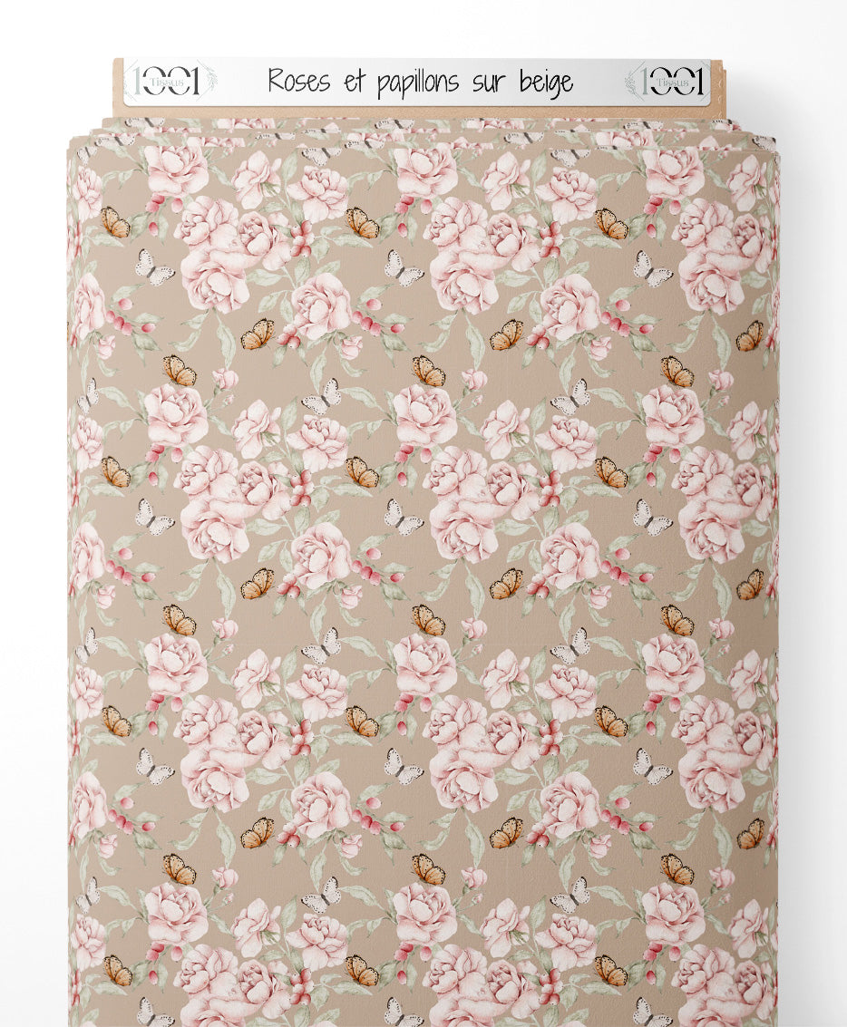Tissu - Roses et papillons sur beige