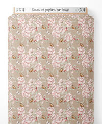 Tissu - Roses et papillons sur beige