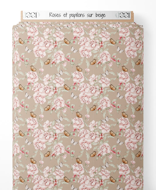 Tissu - Roses et papillons sur beige