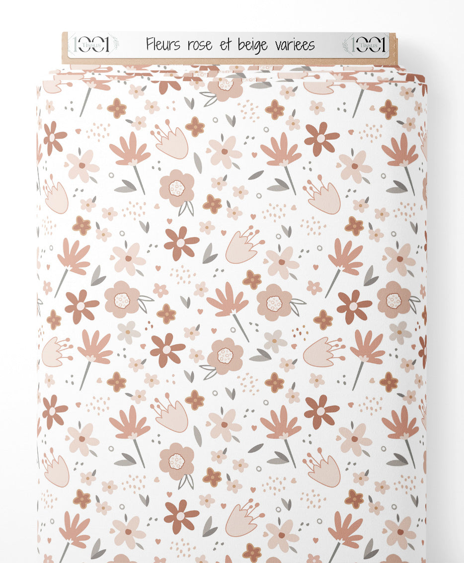 Tissu - Fleurs rose et beige variées