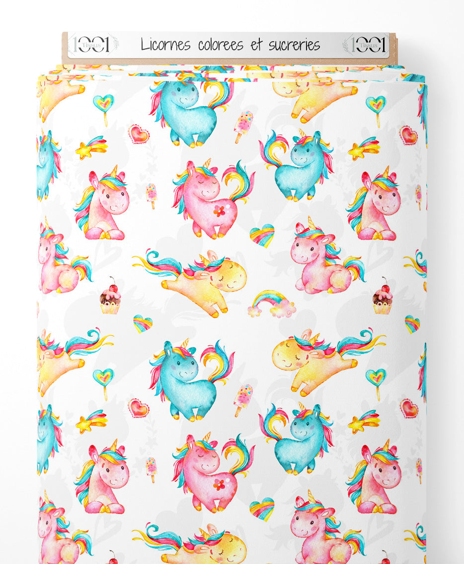 Tissu - Licornes colorées et sucreries
