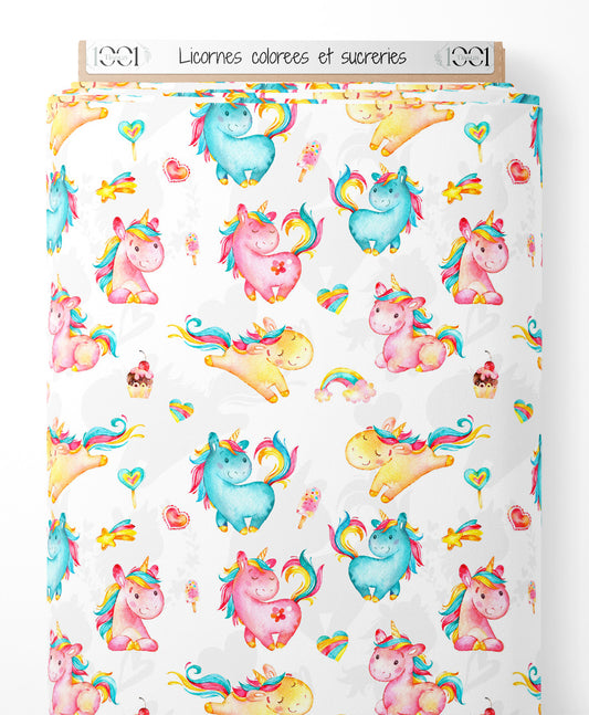 Tissu - Licornes colorées et sucreries