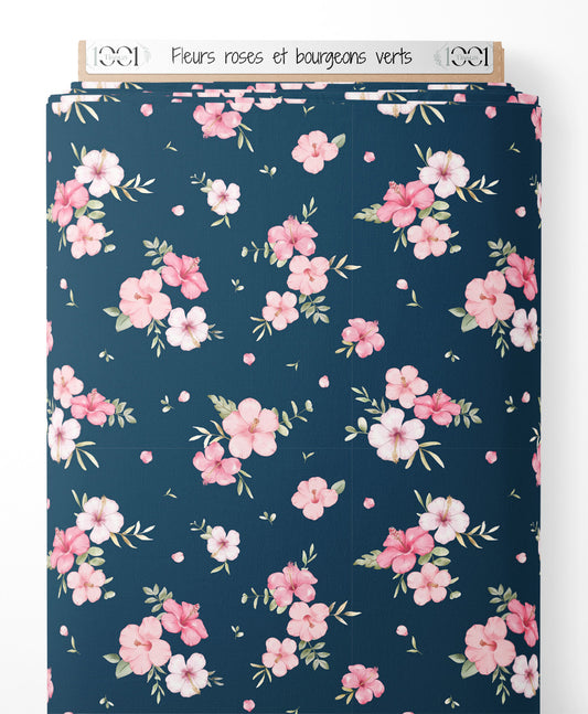 Tissu - Fleurs roses et bourgeons verts