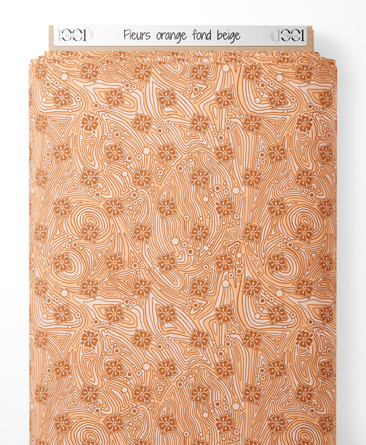 Tissu - Fleurs orange sur fond beige