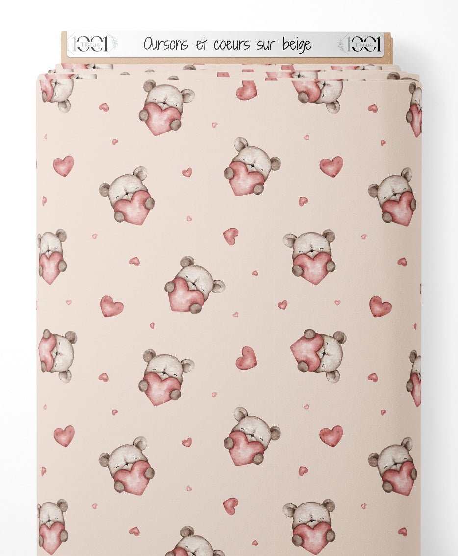Tissu - Oursons et cœurs sur beige