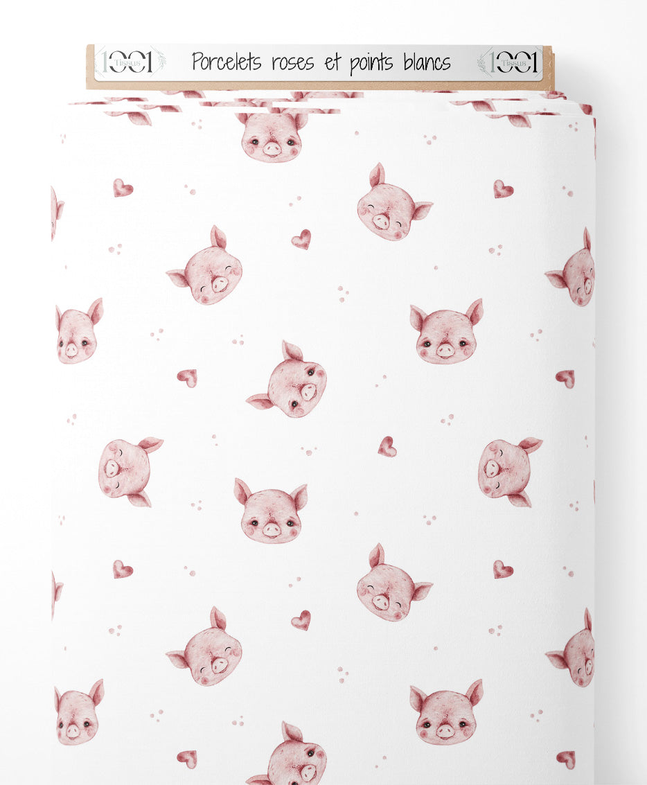 Tissu - Porcelets roses et points blancs