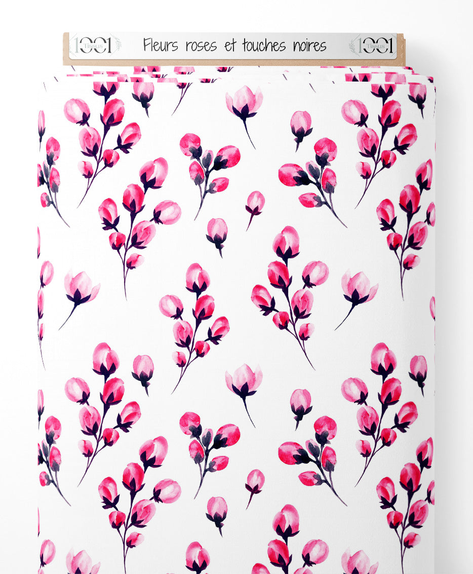 Tissu - Fleurs roses et touches noires