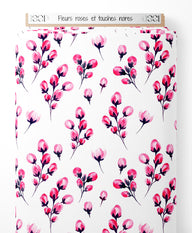 Tissu - Fleurs roses et touches noires