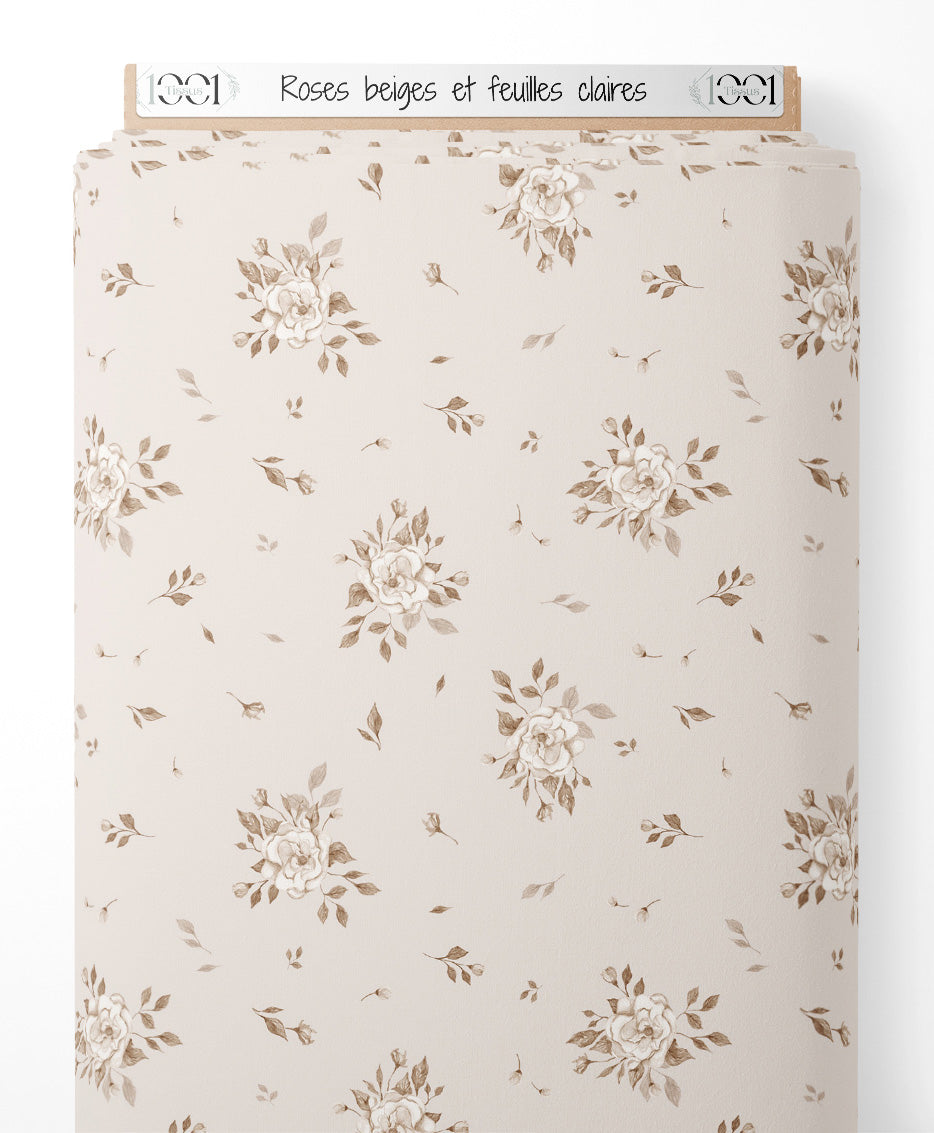 Tissu - Roses beiges et feuilles claires