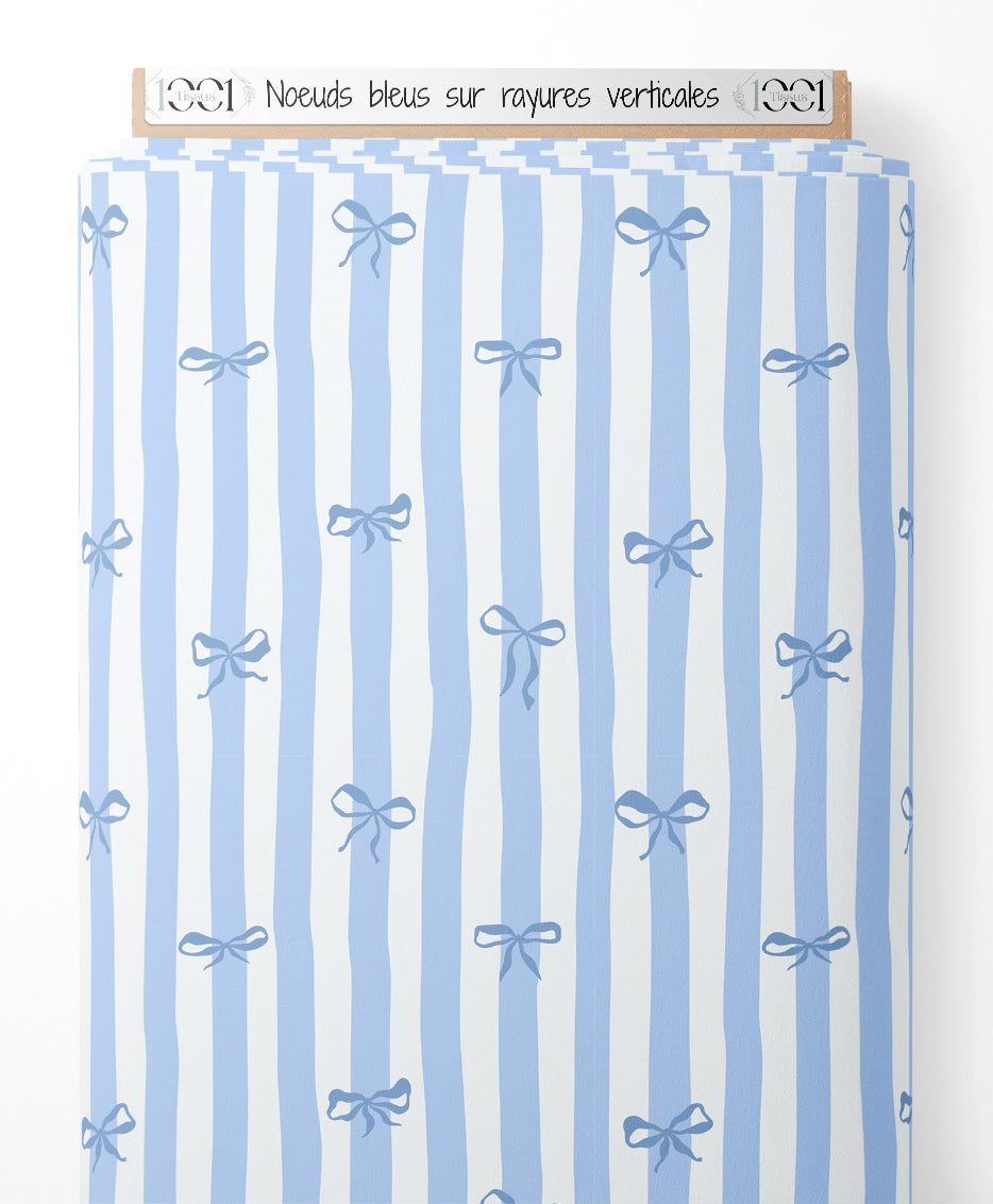 Tissu - Nœuds bleus sur rayures verticales
