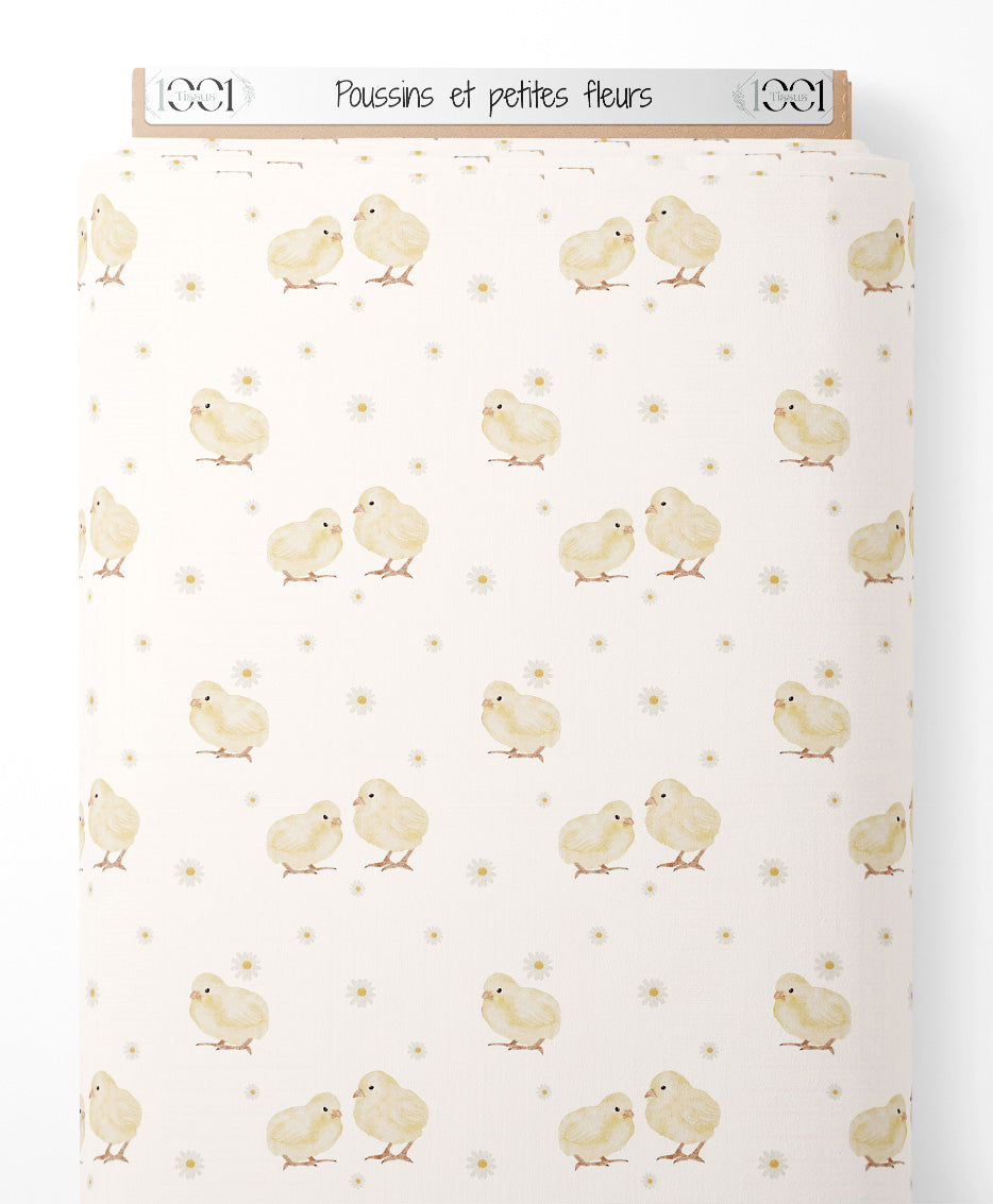 Tissu - Poussins et petites fleurs
