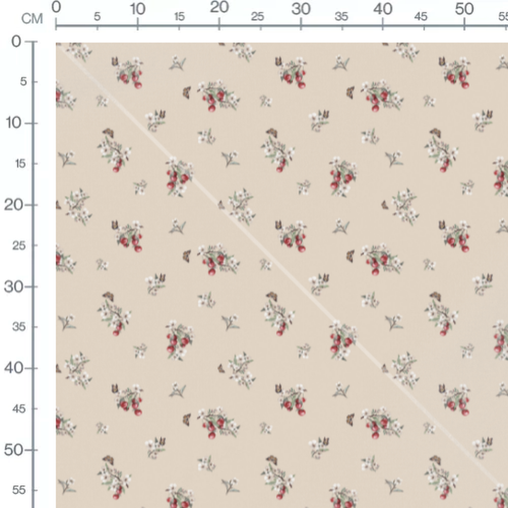 Tissu - Cerises et fleurs sur beige