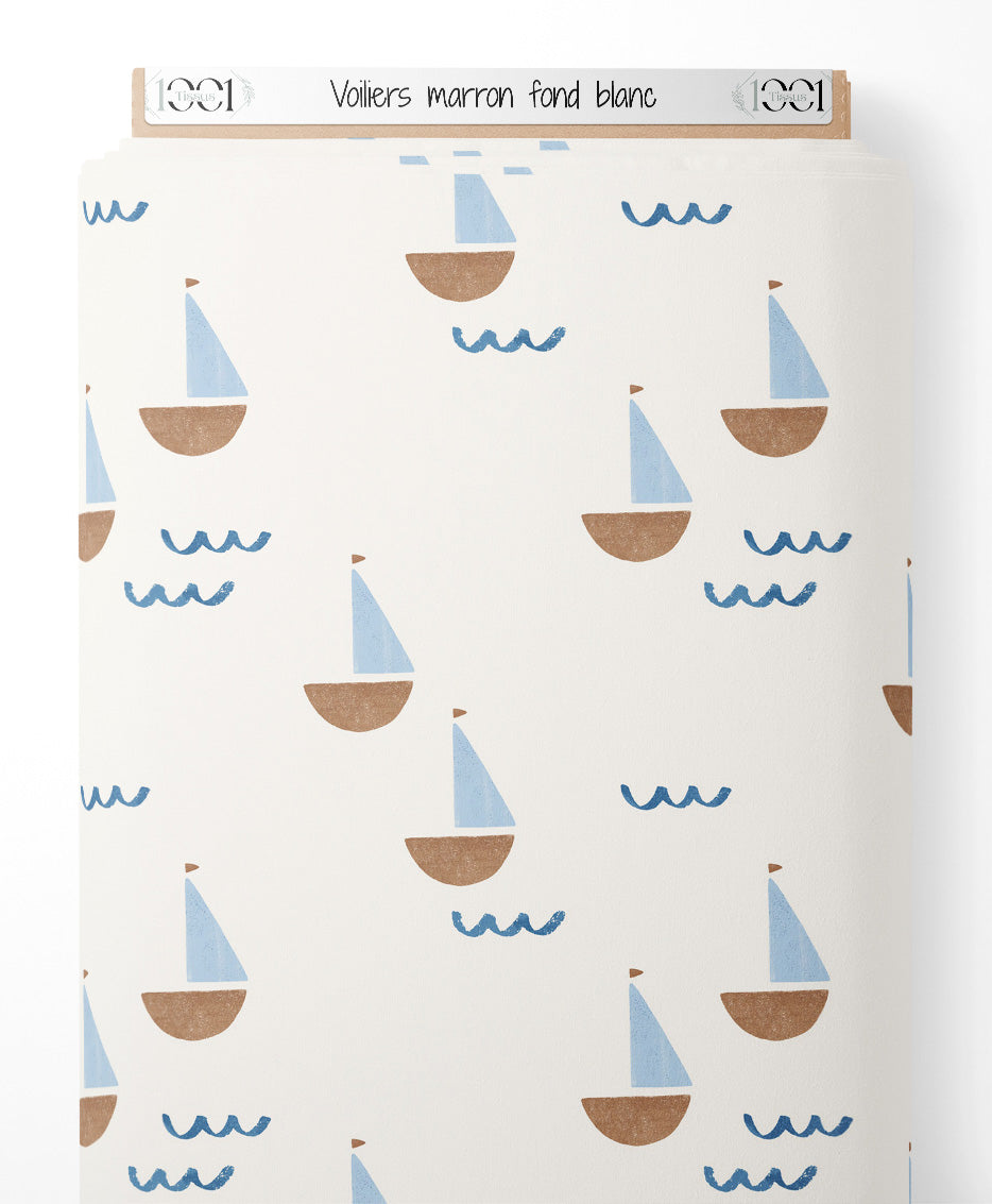 Tissu - Voiliers marron sur fond blanc