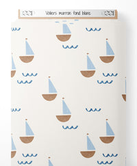 Tissu - Voiliers marron sur fond blanc